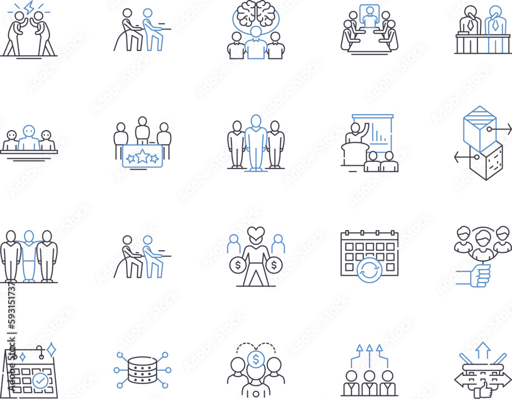 Staff members outline icons collection. Employees, Personnel, Associates, Colleagues, Investigators, Staffers, Workers vector and illustration concept set. Professionals, Operatives, Executives linear - obrazy, fototapety, plakaty 