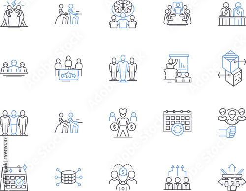 Staff members outline icons collection. Employees, Personnel, Associates, Colleagues, Investigators, Staffers, Workers vector and illustration concept set. Professionals, Operatives, Executives linear