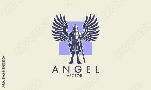 Vector simple knight in armor with sword and wings. Logo, icon or sticker. Isolated background.
