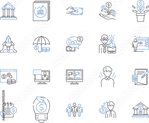 Accounting and documents outline icons collection. Accounting, Documents, Audit, Ledger, Payables, Receivables, Spreadsheet vector and illustration concept set. Tax, Balance, Expense linear signs