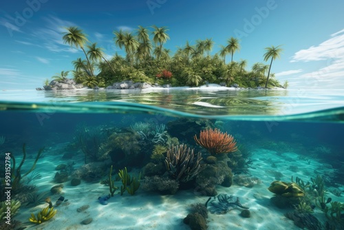 Corals and reef under water, with Lush tropical shore landscape above the surface - AI Generated © Infinite Shoreline