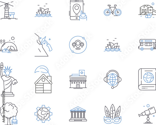 Wellness tourism outline icons collection. Wellness, Tourism, Health, Vacation, Retreat, Relaxation, Adventure vector and illustration concept set. Escape, Yoga, Fitness linear signs