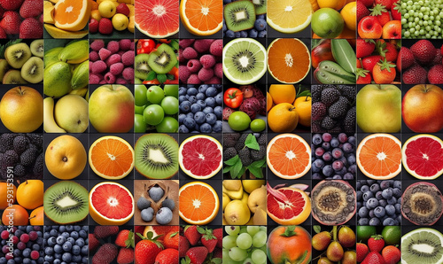 Collage made of fruit assortment  Summer food concept  healthy fruits and berries assortment  seamless pattern  Generative AI 