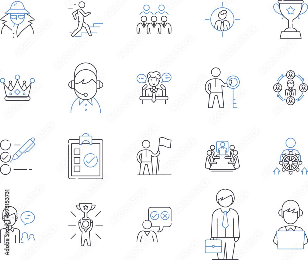 Management work outline icons collection. Management, Work, Control, Plan, Organize, Lead, Supervise vector and illustration concept set. Coordinate, Direct, Schedule linear signs Management work outline icons collection. Management, Work, Control, Plan, Organize, Lead, Supervise vector and illustration concept set. Coordinate, Direct, Schedule linear signs