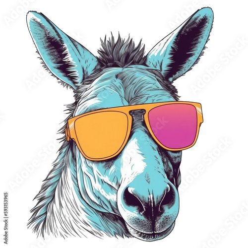 Portrait of a Asno Andaluz donkey with colorful style T-shirt Design, wearing Sunglasses, Vector illustration on Transparent Background