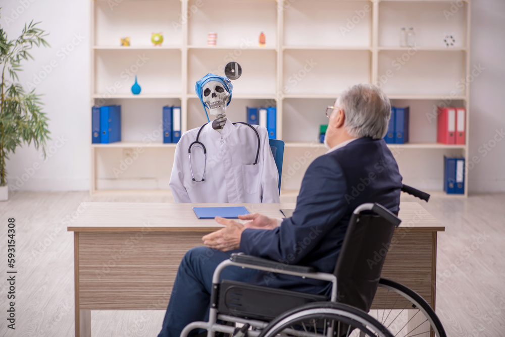 Old patient in wheel-chair visiting devil doctor