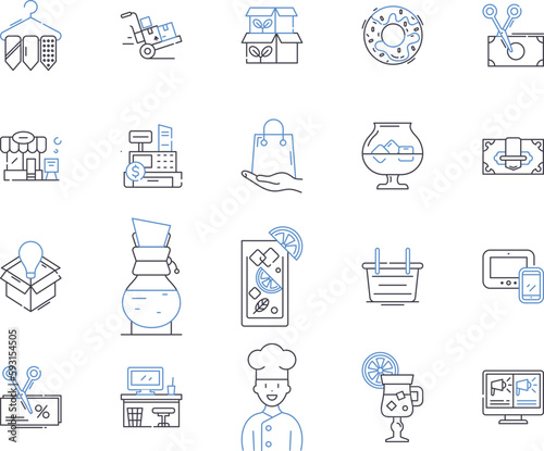 Store and cafe outline icons collection. Store, Cafe, Shopping, Restaurant, Dine, Food, Beverage vector and illustration concept set. Coffee, Tea, Baked linear signs