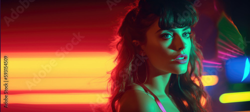 A young brunette retro 1980s woman in vintage neon UV lights with copy space, generative ai