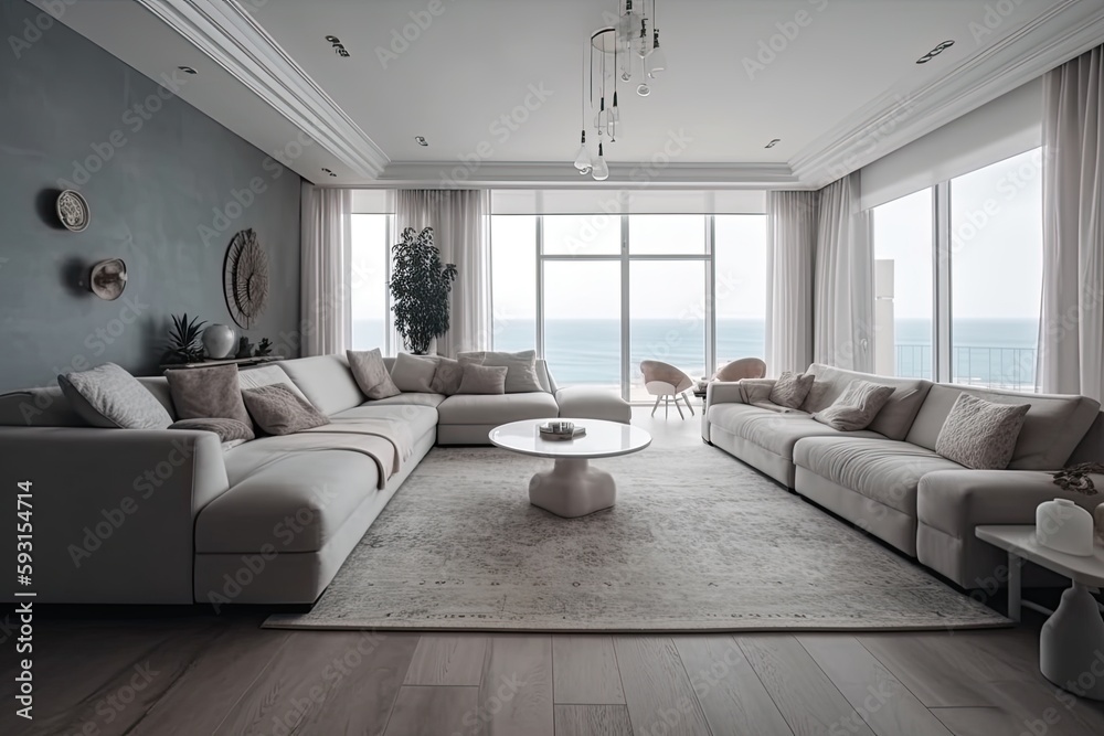 Large living room with a sea view in a lavish summer beach home, modern furniture. interior of a holiday house or villa - generative ai	
