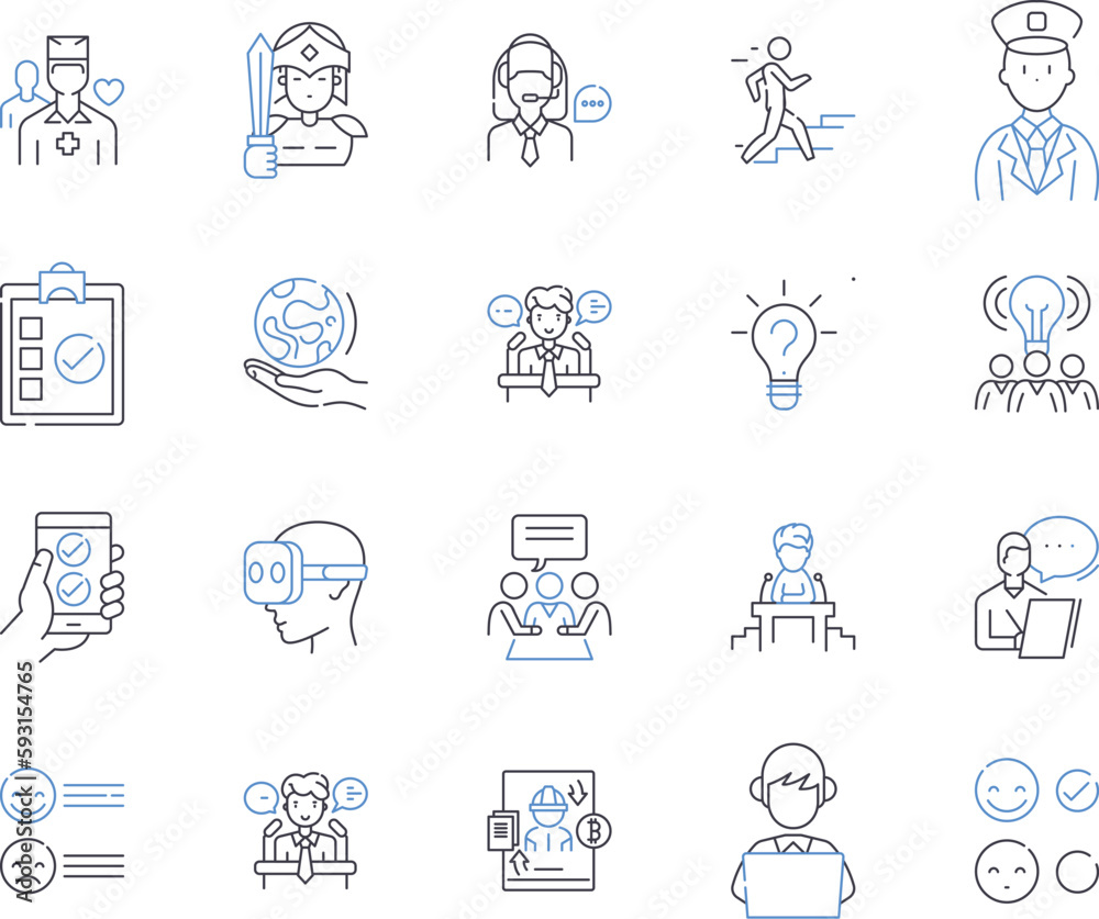 Management staff outline icons collection. Manager, Staff, Leadership, Supervisor, Administrator, Organizer, Planner vector and illustration concept set. Director, Coordinator, Personnel linear signs