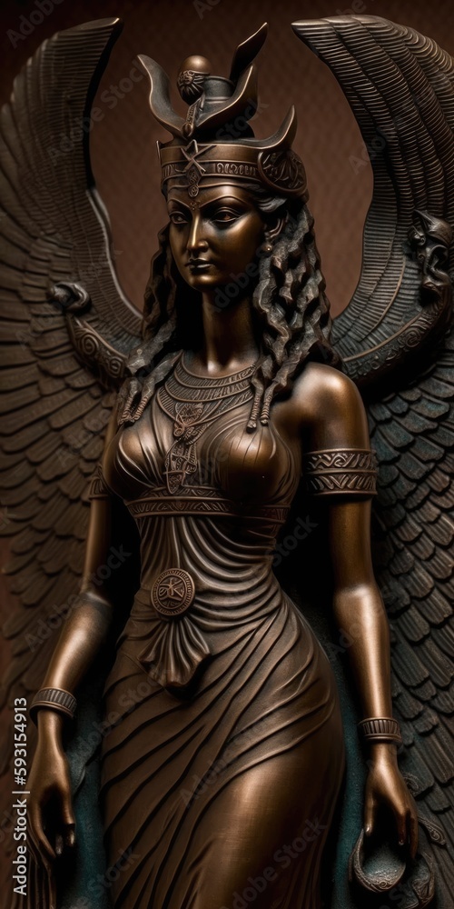 Egyptian goddess Isis depicted over a background of brown corduroy. bronze sculpture. Generative AI