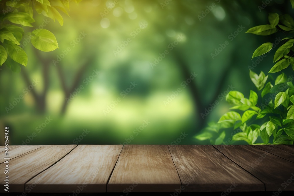 The wood table top on a blur green forest bokeh background can be used for display or montage of your products The wood table top on a blur green forest bokeh background can be used for display or montage of your products