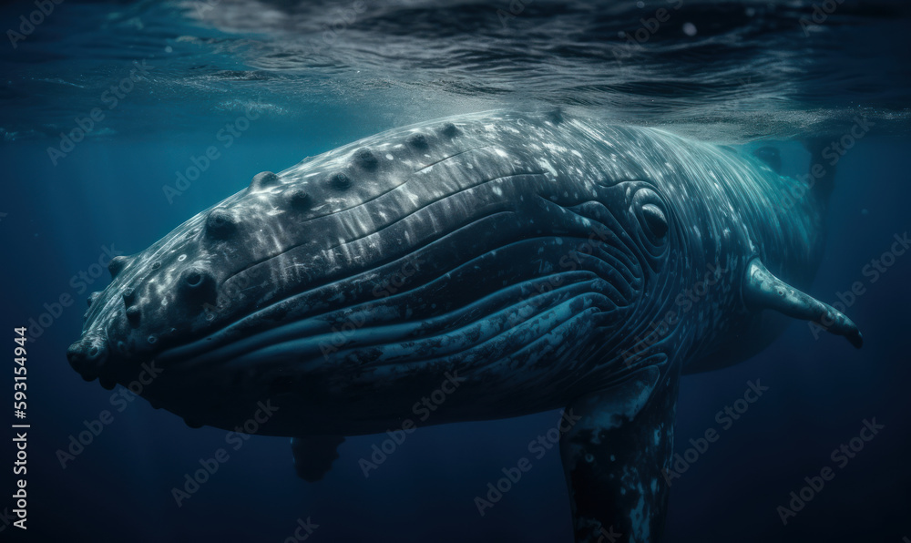 photo of Balaenoptera musculus, also known as the blue whale, in its natural habitat. Generative AI
