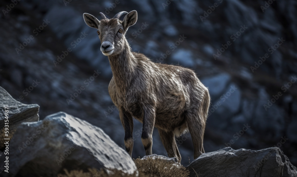 Bharal (blue sheep) standing on rocky mountain slope in Himalayas, its thick fur coat shining in sunlight. It's staring towards the distance with legs firmly planted on uneven terrain. Generative AI Bharal (blue sheep) standing on rocky mountain slope in Himalayas, its thick fur coat shining in sunlight. It's staring towards the distance with legs firmly planted on uneven terrain. Generative AI
