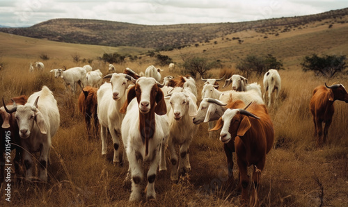 Photo of Boer goats grazing on the tall grass in African savannah, with rolling hills and sparse vegetation in the background. Generative AI