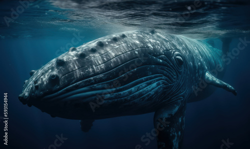 photo of Balaenoptera musculus, also known as the blue whale, in its natural habitat. Generative AI