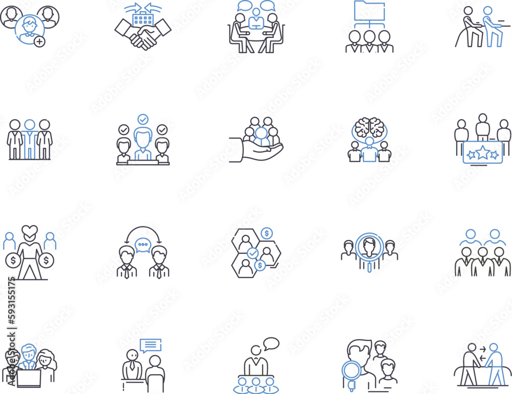 Business team outline icons collection. Business, Team, Collaboration, Cooperation, Organization, Partnership, Strategy vector and illustration concept set. Leadership,Relationships,Workforce linear