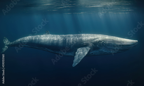 Photo of Balaenoptera musculus, also known as the blue whale, in its natural habitat - vastness of the ocean. the blue whale is incredible size as it swims gracefully through the water. Generative AI