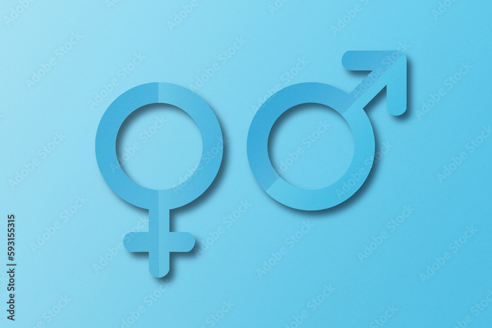 The light blue paper is punched into the shapes of male and female symbols. set on a light blue background The light blue paper is punched into the shapes of male and female symbols. set on a light blue background