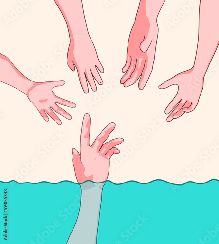 Help hands for drowning person. Life saving in sea or ocean. Psychology support