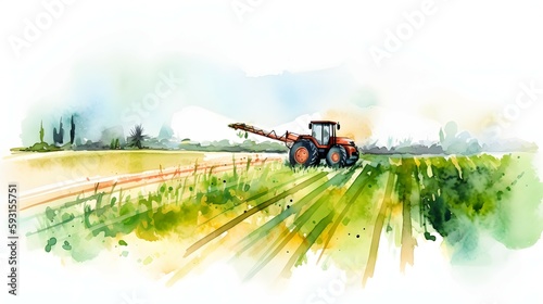 A tractor during the harvest colorful illustration. Generative AI
