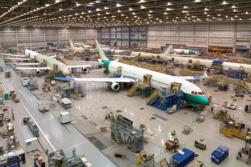 Wallpaper Mural aviation company, showing the factory floor and assembly line, with workers building new aircraft, created with generative ai Torontodigital.ca