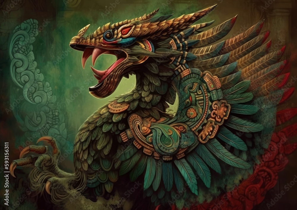 Fototapeta premium Illustration of Quetzalcoatl, feathered serpent of ancient Aztec culture. Generative AI.