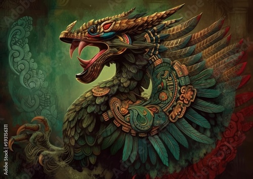 Illustration of Quetzalcoatl, feathered serpent of ancient Aztec culture. Generative AI. photo