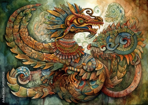 Wallpaper Mural Illustration of Quetzalcoatl, feathered serpent of ancient Aztec culture. Generative AI. Torontodigital.ca