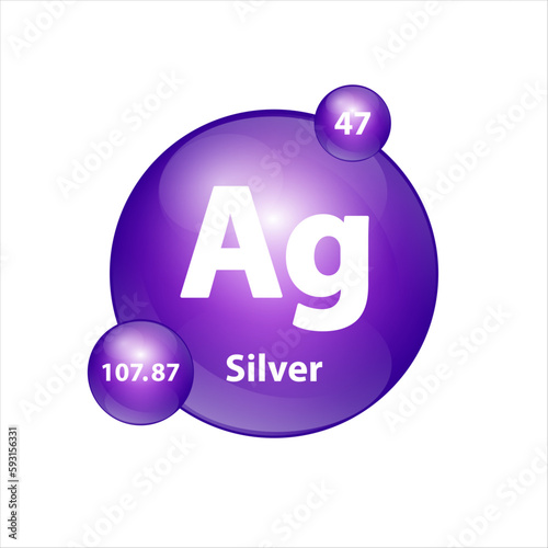 Silver (Ag) icon structure chemical element round shape circle purple. 3D Illustration vector. Chemical element of periodic table Sign with atomic number. Study in science for education.