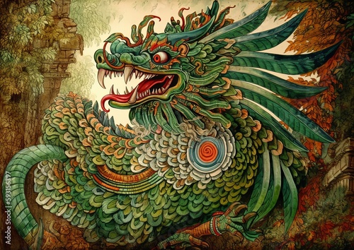 Wallpaper Mural Illustration of Quetzalcoatl, feathered serpent of ancient Aztec culture. Generative AI. Torontodigital.ca