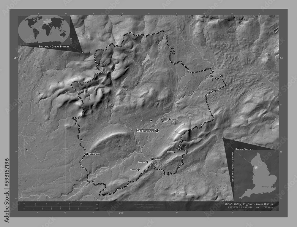 Fototapeta premium Ribble Valley, England - Great Britain. Bilevel. Labelled points of cities