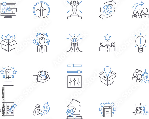 Work efficiency outline icons collection. Productivity, Effectiveness, Proficiency, Quickness, Speed, Dynamism, Skillfulness vector and illustration concept set. Preciseness, Competence, Systematic