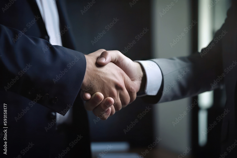 Scene of businessmen in suits shaking hands, Generative AI