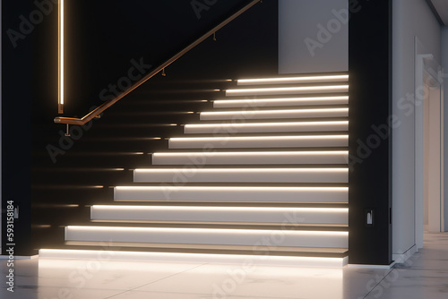 A simple, modern flight of steps leading up to the next floor in black, white and beige. Generative AI.