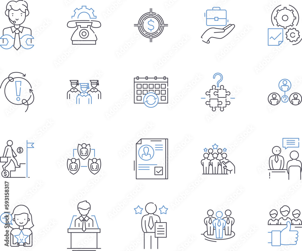 Front office outline icons collection. Front-Office, Reception, Desk, Office, Lobby, Concierge, Counter vector and illustration concept set. Service, Telephone, Clerk linear signs Front office outline icons collection. Front-Office, Reception, Desk, Office, Lobby, Concierge, Counter vector and illustration concept set. Service, Telephone, Clerk linear signs