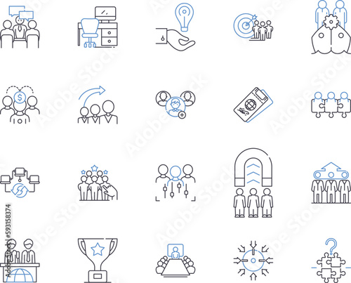 Meeting and collaboration outline icons collection. Coordinating, Collaborating, Connecting, Convening, Discussing, Networking, Assembling vector and illustration concept set. Communicating, Combining