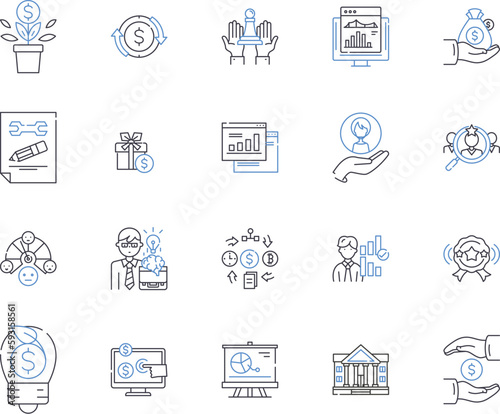 Personal Finance Management outline icons collection. Budgeting, Saving, Investing, Planning, Credit, Insurance, Retirement vector and illustration concept set. Tax, Debt, Paying linear signs