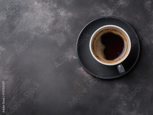 Cup of coffee on dark background. Top view with copy space