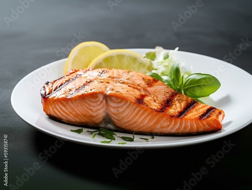 Grilled salmon steak with herbs and lemon on a black background