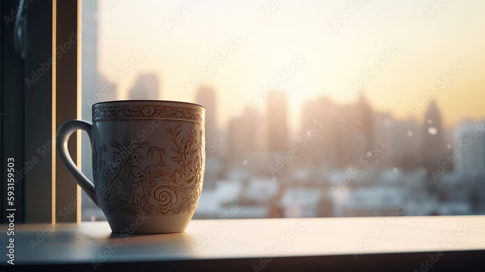 A CUP OF WARM COFFEE STANDS AT THE WINDOW