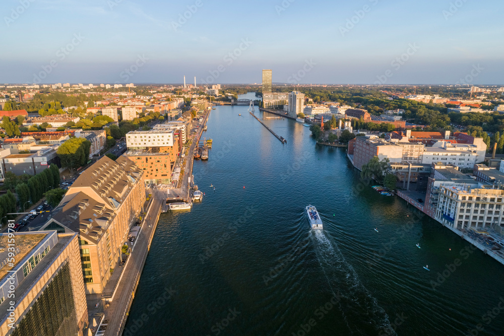 Aerial view of the Spree river near Treptower park, Berlin, Germany
