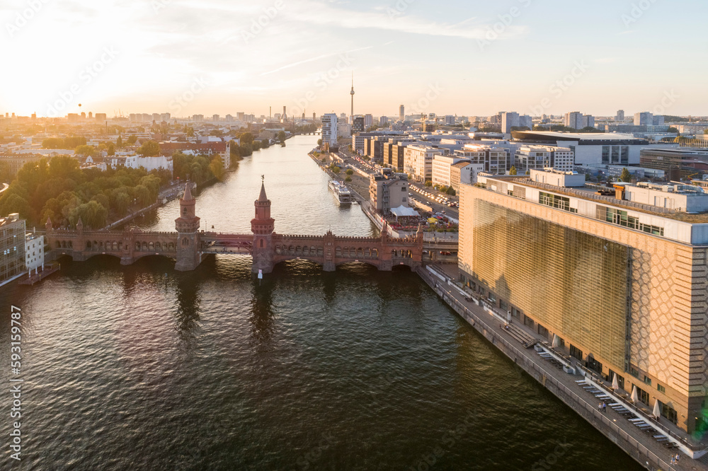 Aerial of Oberbaum Bridge in Friedrichshain, Berlin, Germany
