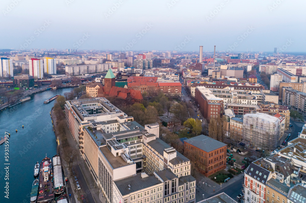 Aerial od the skyline of Mitte with Spree river, Berlin, Germany