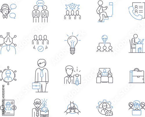 Employee labor outline icons collection. Employees, Labor, Employment, Working, Staff, Wage, Contract vector and illustration concept set. Jobs, Salaries, Hiring linear signs