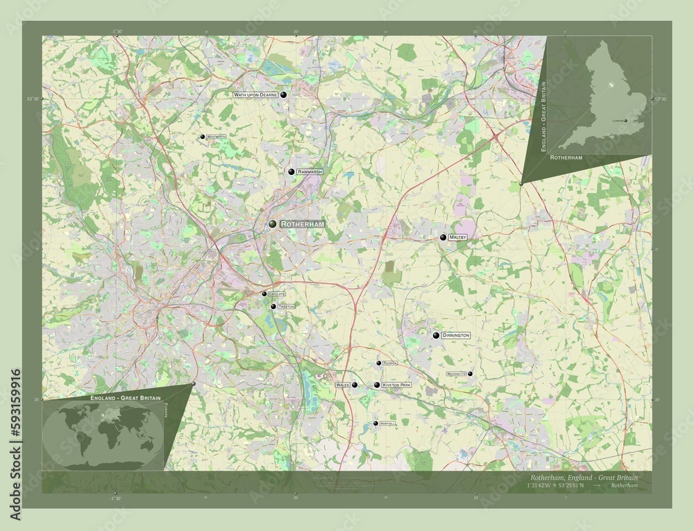 Fototapeta premium Rotherham, England - Great Britain. OSM. Labelled points of cities