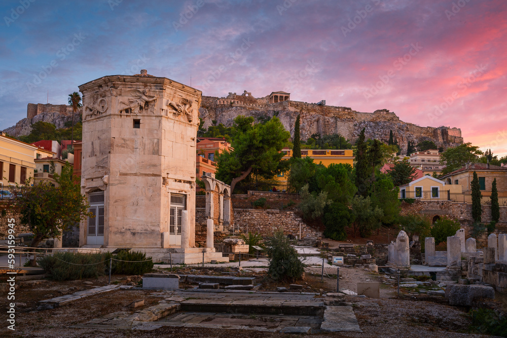 Remains of Roman Agora, Tower of the Winds and Acropolis in Athens.