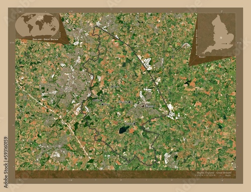 Rugby, England - Great Britain. Low-res satellite. Labelled points of cities photo