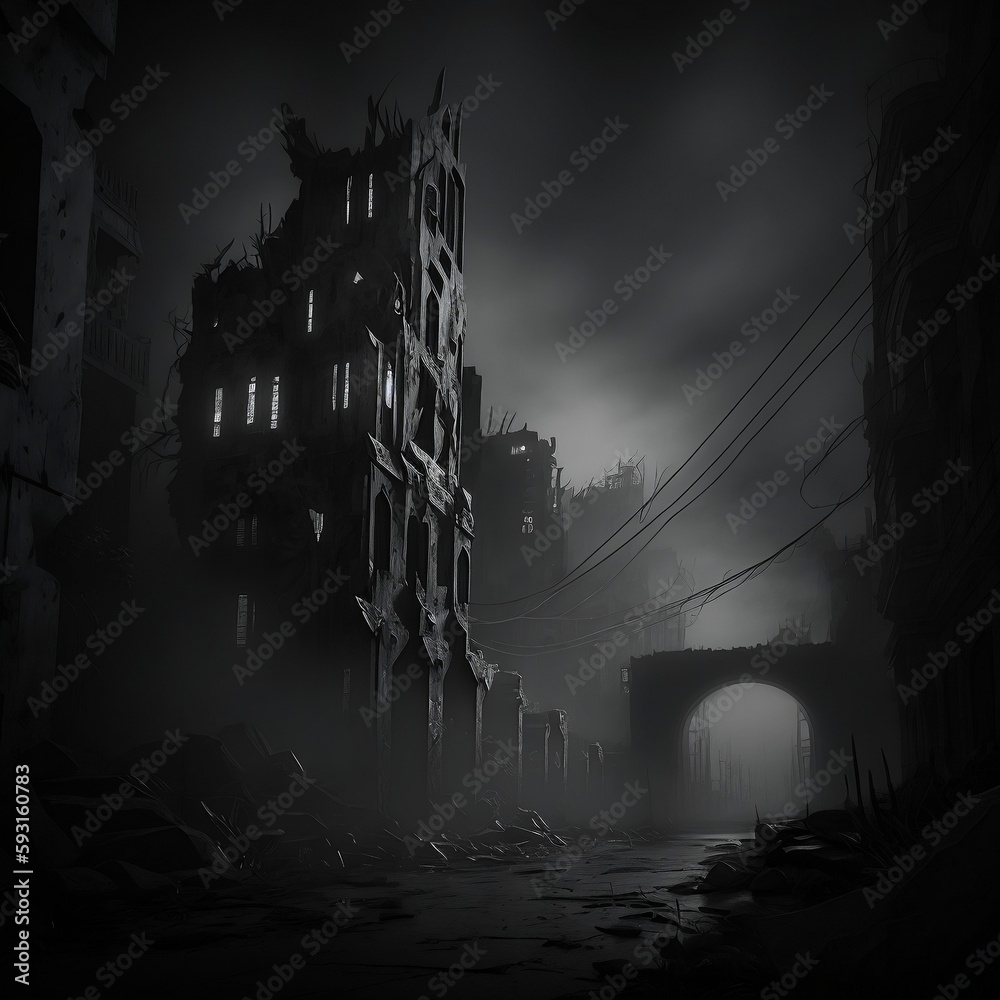 Obraz premium Ruined gloomy city at night in darkness and fog. Post-apocalypse.