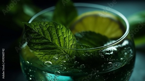 glass of water with green mint leaves and a slice of lemon